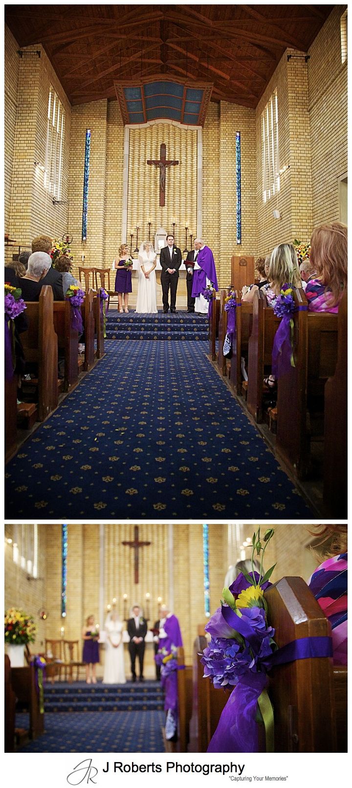 Bride and groom at end of decorated church aisle - wedding photography sydney